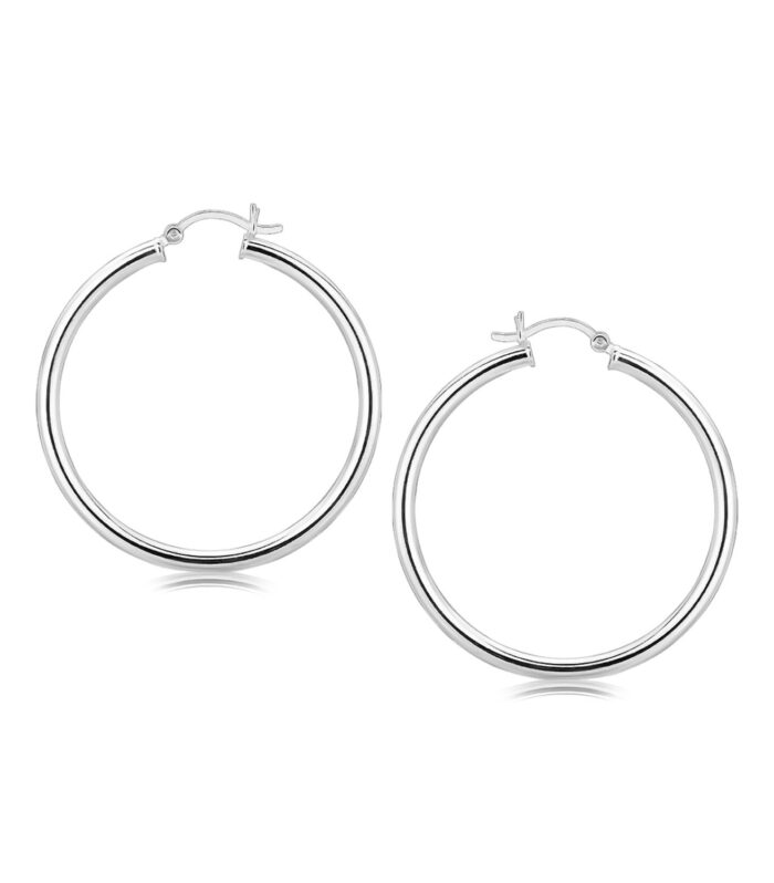 Sterling Silver Rhodium Plated Large Polished Classic Hoop Earrings (40mm)