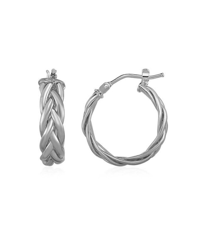 Shiny Braided Hoop Earrings in 14k White Gold