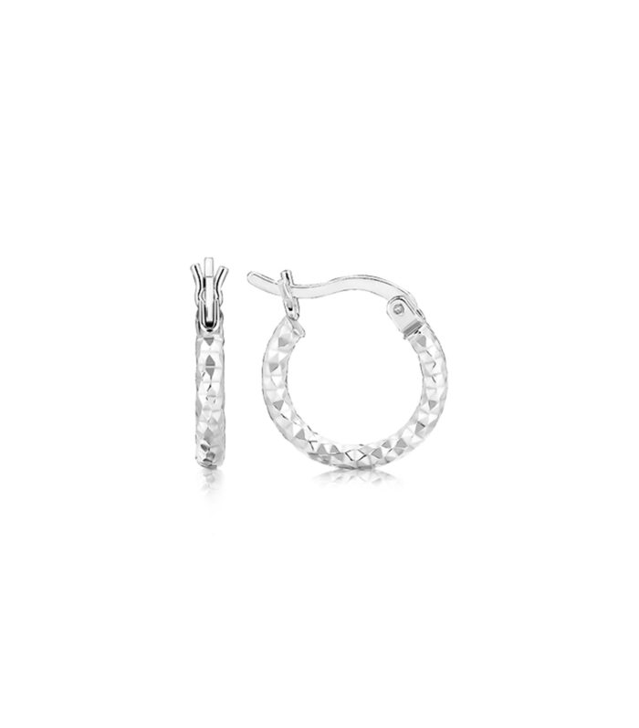 Sterling Silver Rhodium Plated Faceted Design Small Hoop Earrings