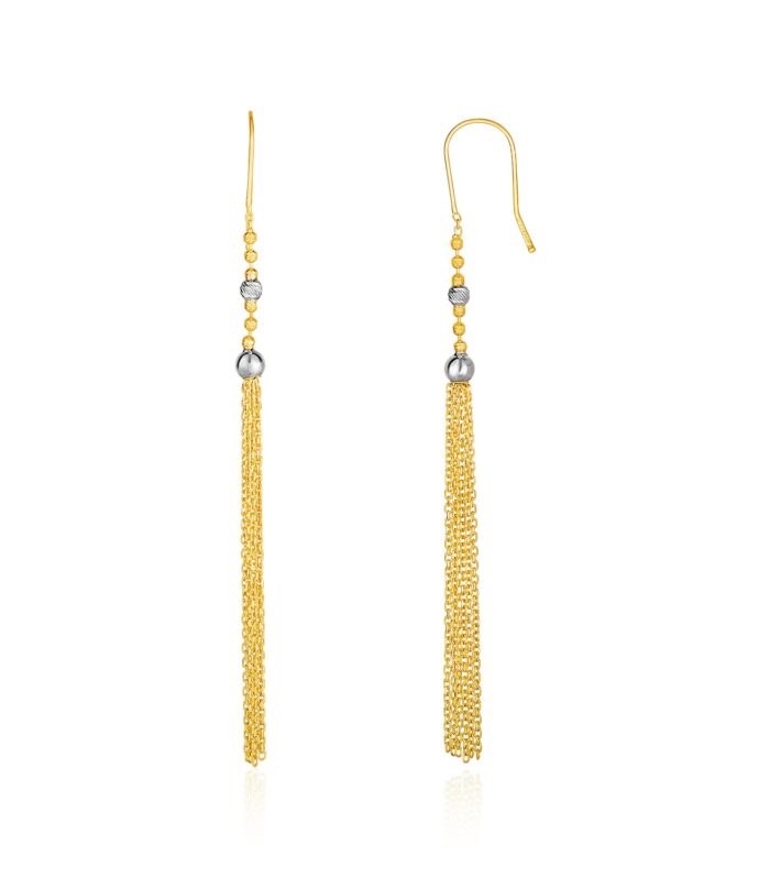 14k Two-Tone Yellow and White Gold Ball and Multi-Strand Tassel Earrings