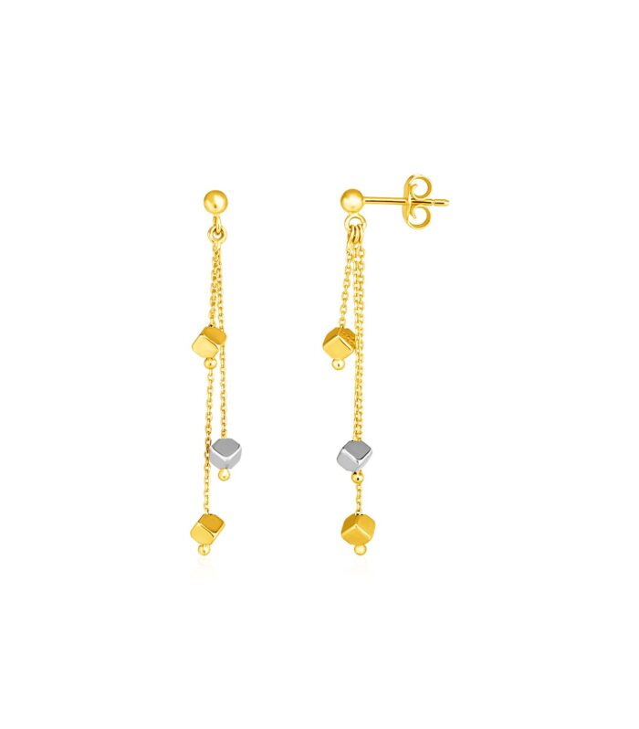 114k Two Tone Gold Post Earrings with Polished Cube Dangles