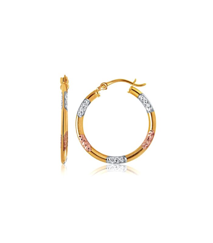 10k Tri-Color Gold Classic Hoop Earrings with Diamond Cut Details