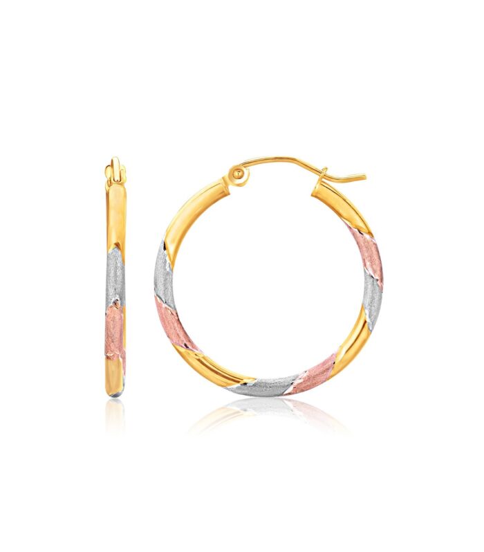 10k Tri-Color Textured Hoop Earrings (1inch Diameter)