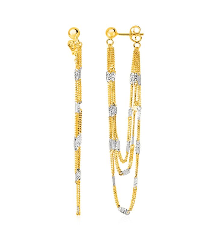 Hanging Chain Earrings with Rectangular Accents in 14k Yellow and White Gold