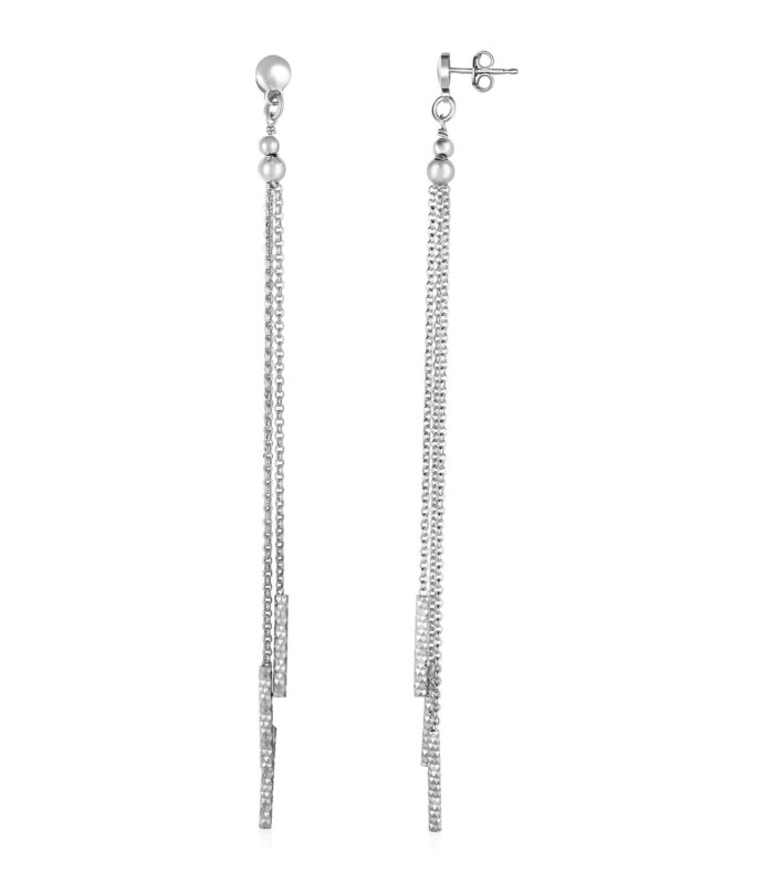 Long Chain Tassel and Textured Bar Drop Earrings in Sterling Silver
