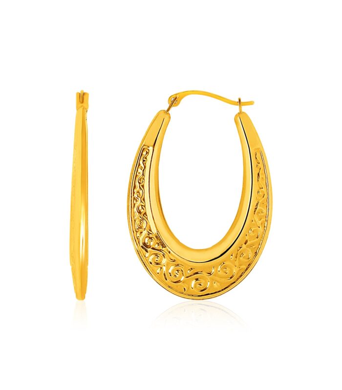 14k Yellow Gold Graduated Oval Hoop Earrings with Swirl Design