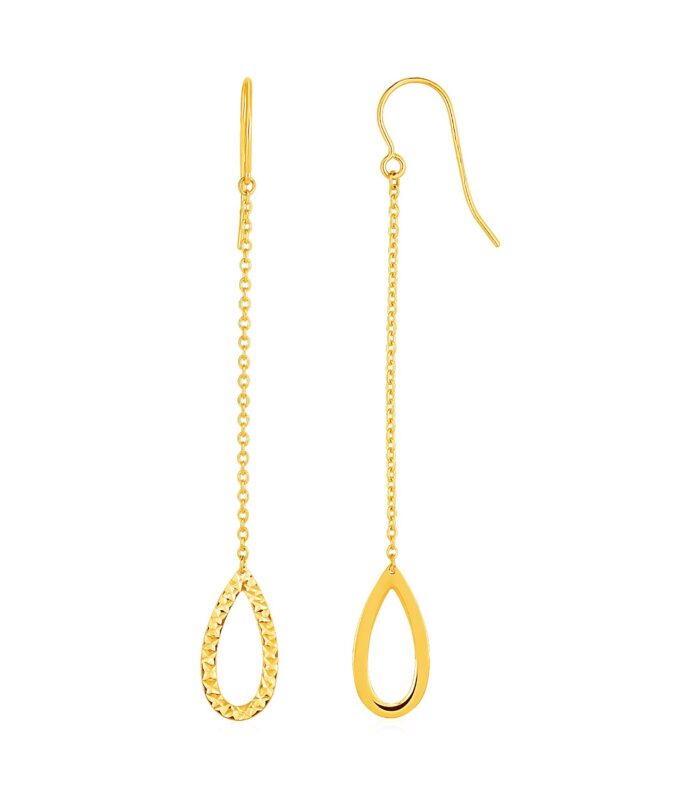Textured Pear Shaped Long Drop Earrings in 14k Yellow Gold