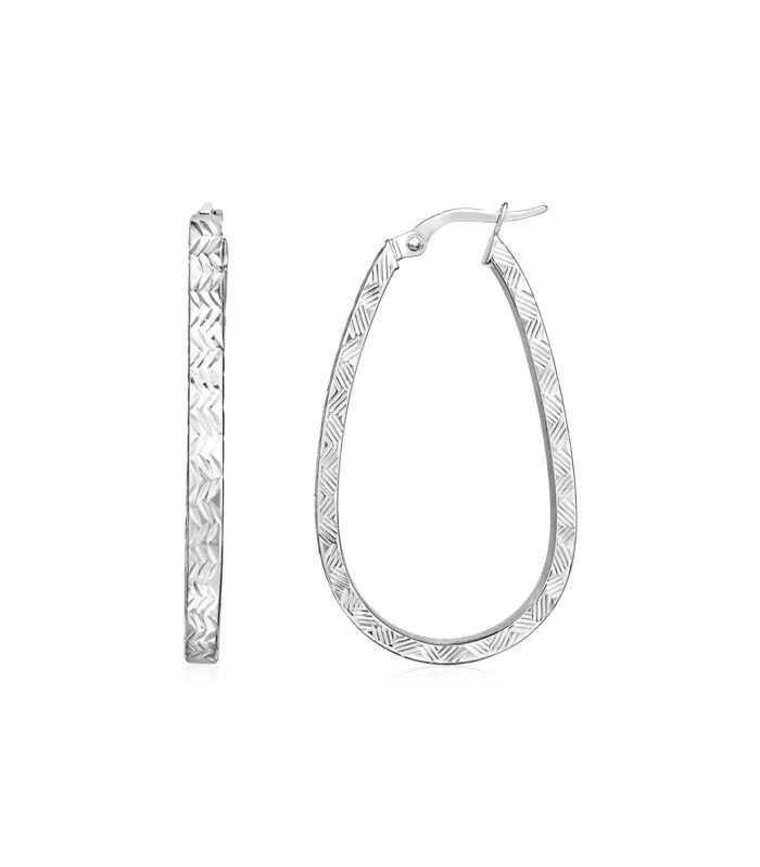14k White Gold Oval Shaped Textured Hoop Earrings