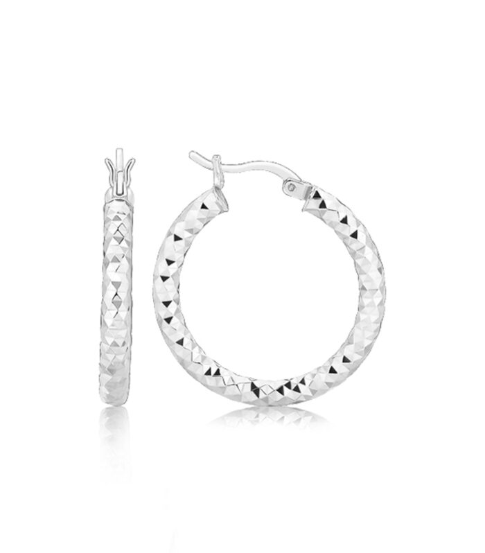 Sterling Silver Faceted Style Hoop Earrings with Rhodium Finishing