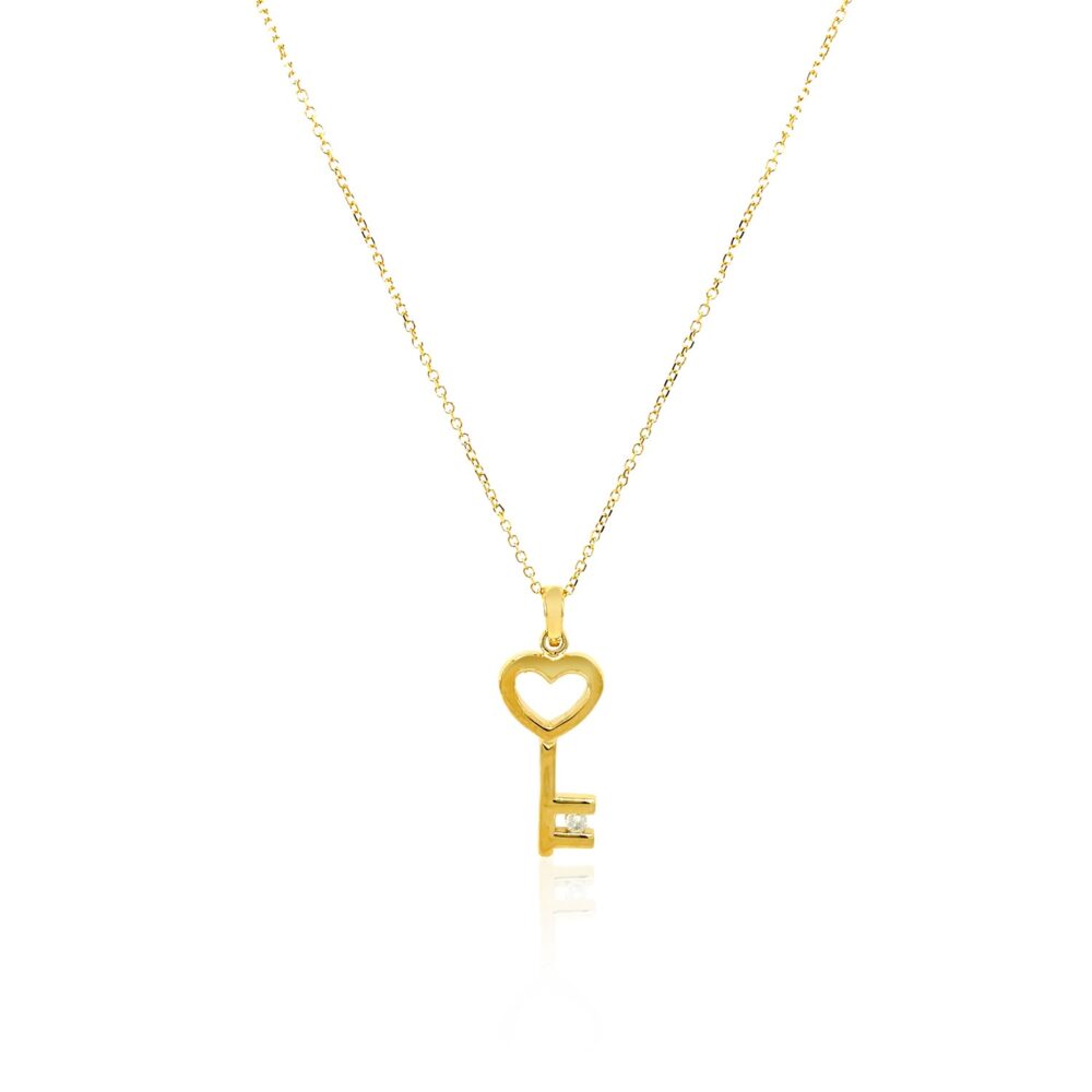 14k Yellow Gold Necklace with Gold and Diamond Heart Key Pendant