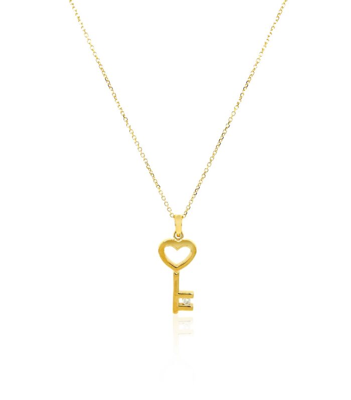 14k Yellow Gold Necklace with Gold and Diamond Heart Key Pendant