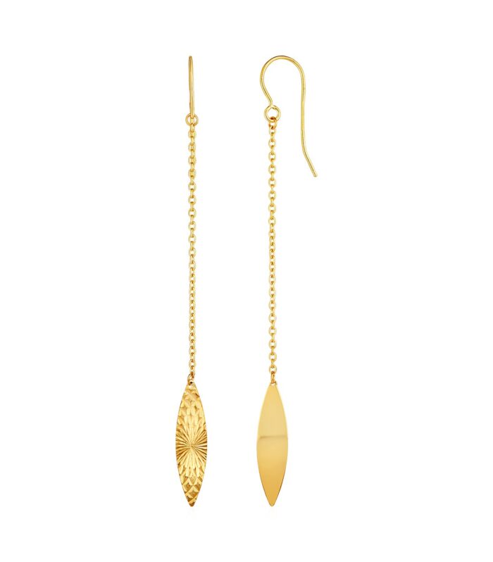 Textured Marquise Shaped Long Drop Earrings in 14k Yellow Gold