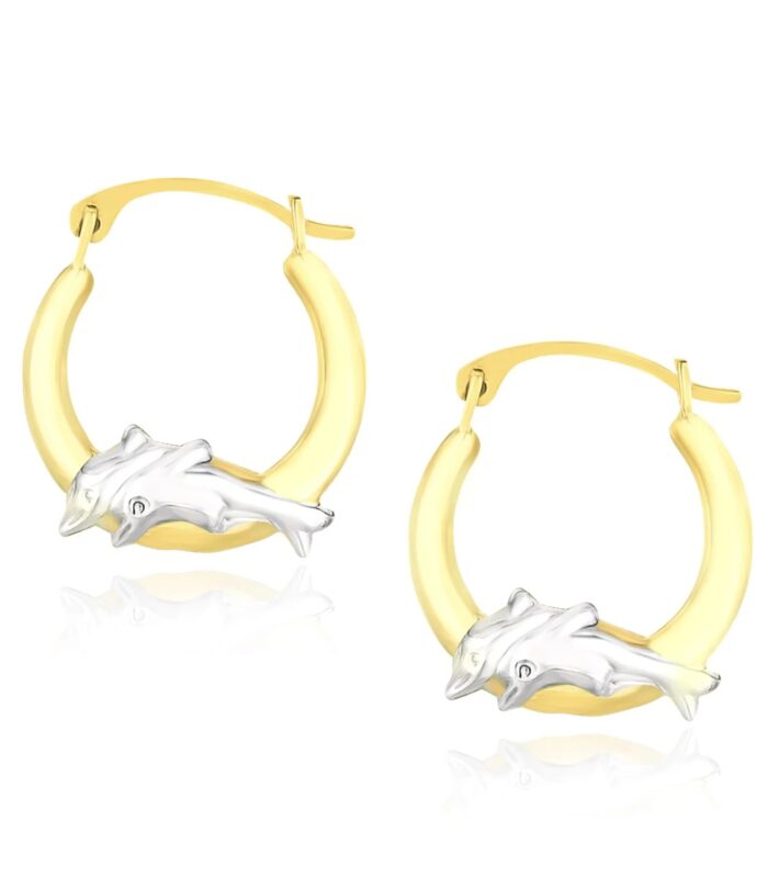 10k Two-Tone Gold Round Graduated Dolphin Design Hoop Earrings