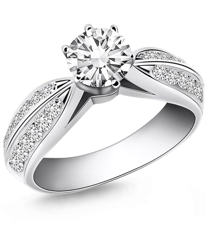 14k White Gold Cathedral Double Row Pave Diamond Engagement Ring