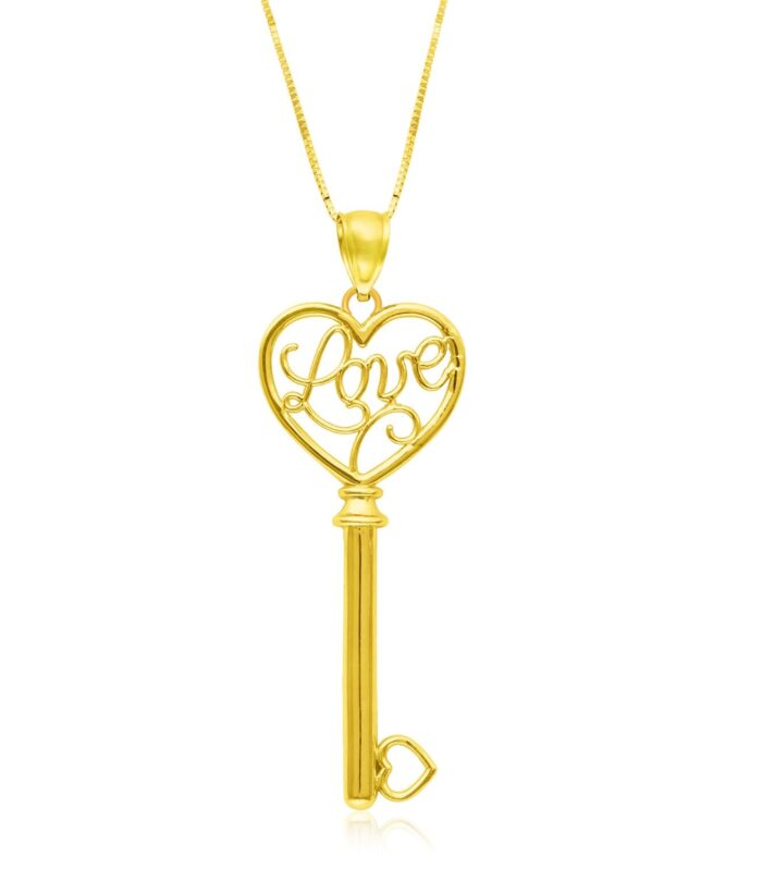 14k Yellow Gold Skeleton Key Style LOVE Pendant
