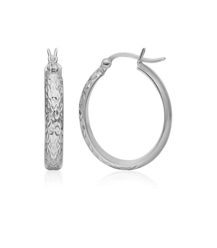 10k White Gold Hammered Oval Hoop Earrings