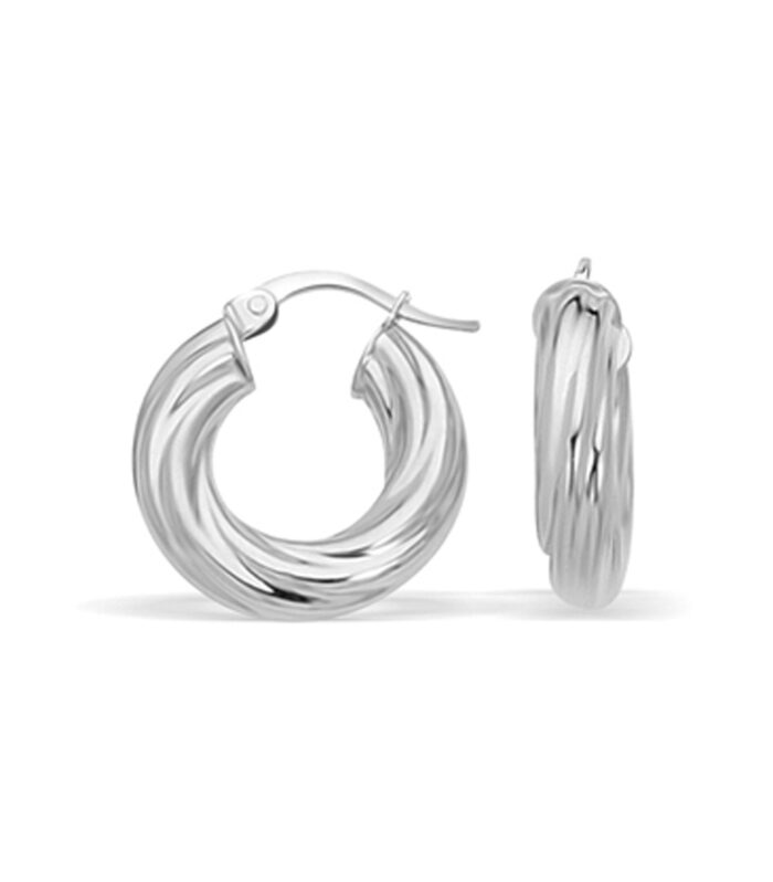 14k White Gold Fancy Twist Hoop Earrings (7/8 inch Diameter)