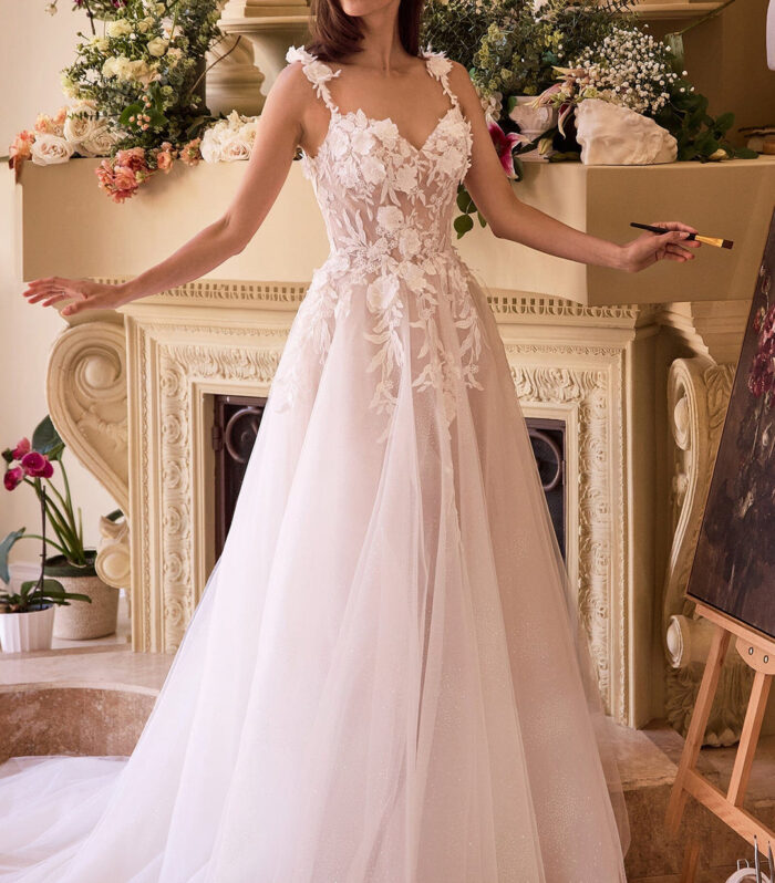 Floral Applique Sleeveless Bridal Gown