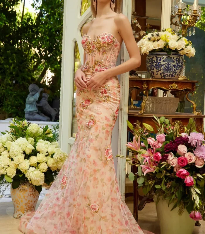 Floral Jeweled Strapless Gown