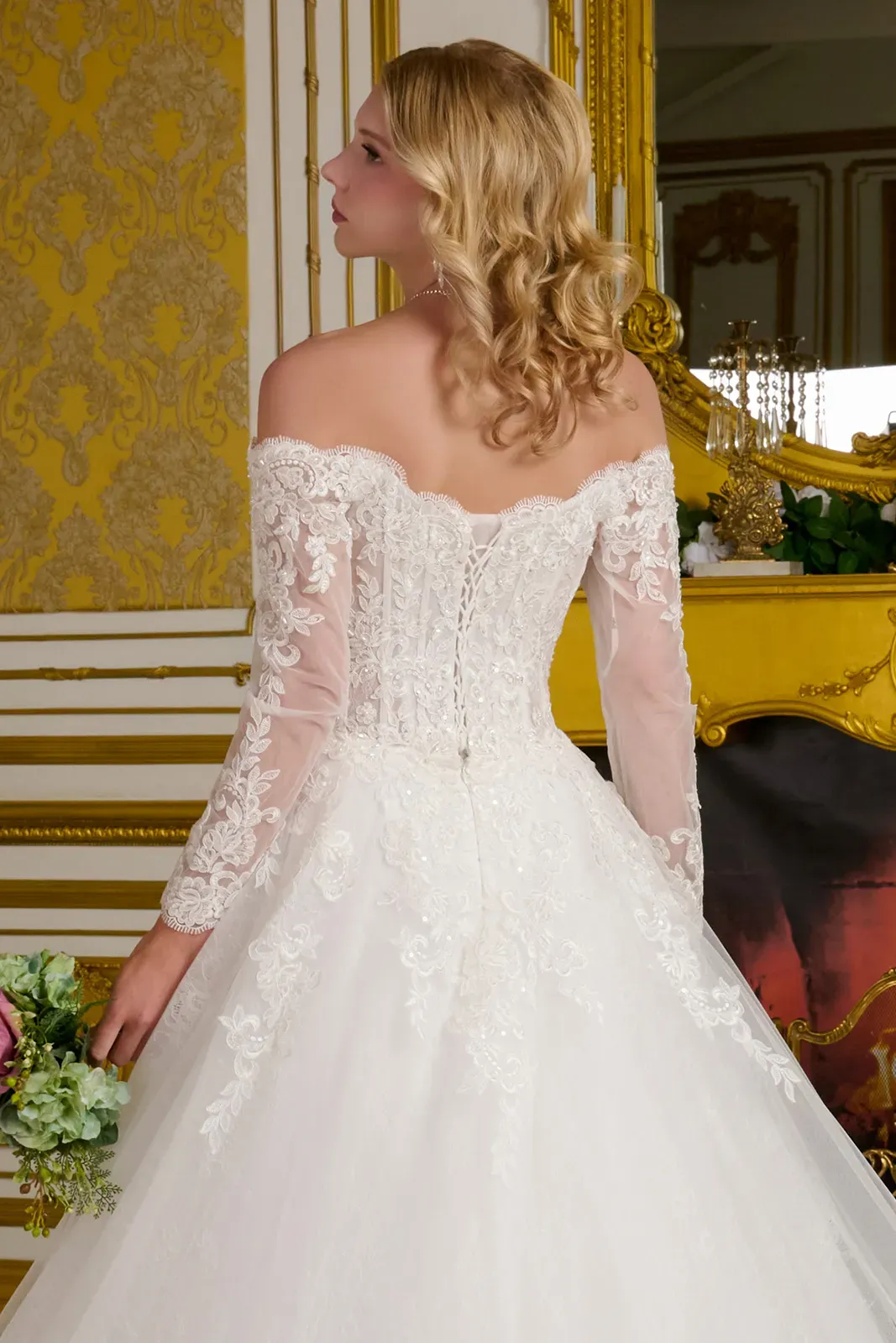 Embroidered Jeweled Bodice Flare Bridal Gown - Image 4
