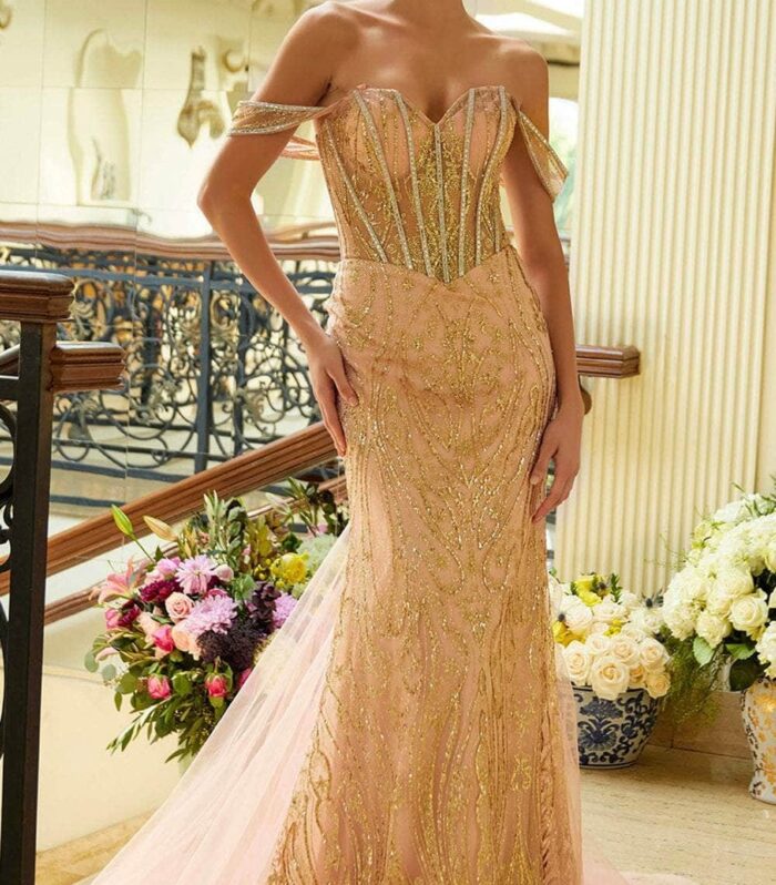 Glitter Print Gown Off Shoulder Gown