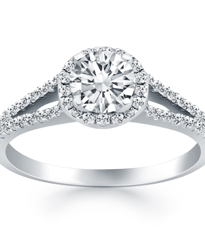 14k White Gold Diamond Halo Split Shank Engagement Ring