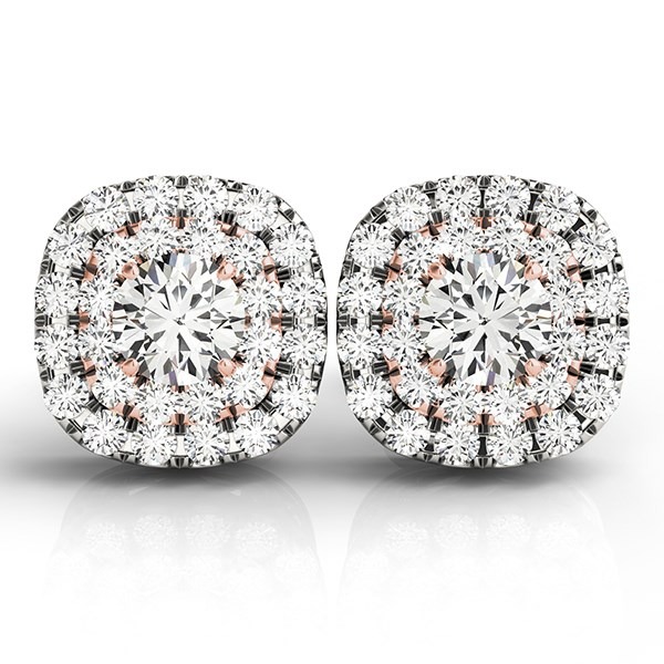Cushion Shape Halo Diamond Earrings 14k White and Rose Gold