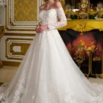 Embroidered Jeweled Bodice Flare Bridal Gown