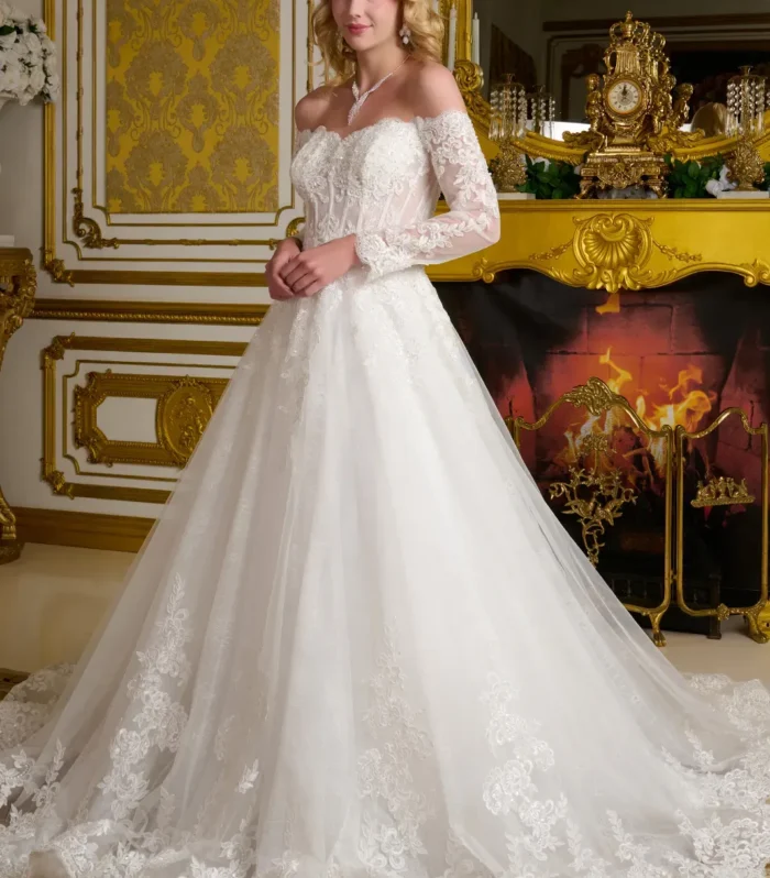 Embroidered Jeweled Bodice Flare Bridal Gown