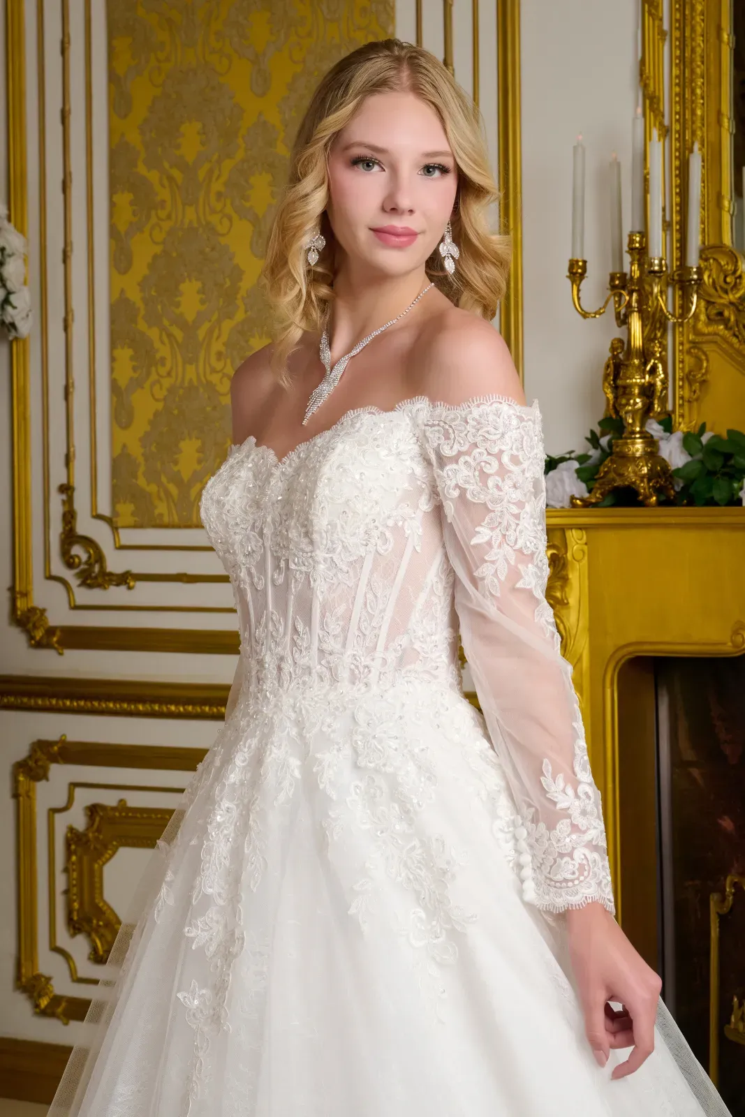 Embroidered Jeweled Bodice Flare Bridal Gown - Image 3
