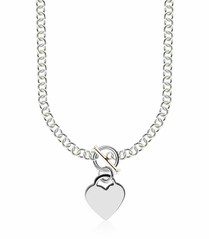 Heart Toggle Charmed Rolo Style Chain Necklace in Rhodium Plated Sterling Silver
