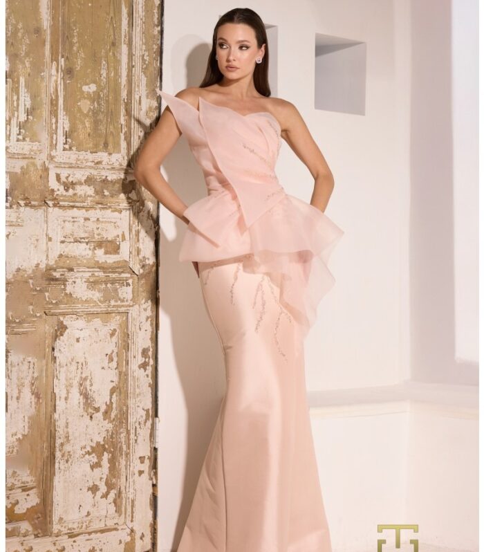 Sequined One-Shoulder Gown With Feathered Slit Detail