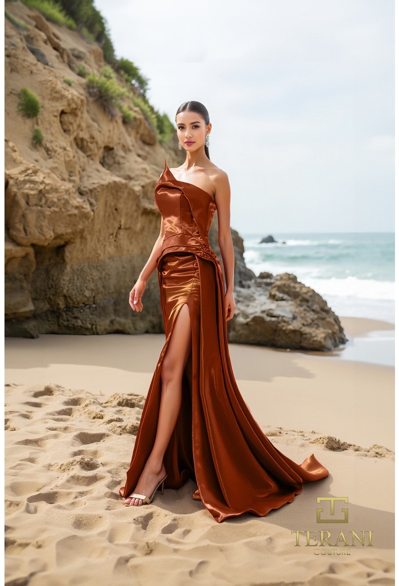 Satin One-Shoulder Gown With Sculpted Side Ruffle