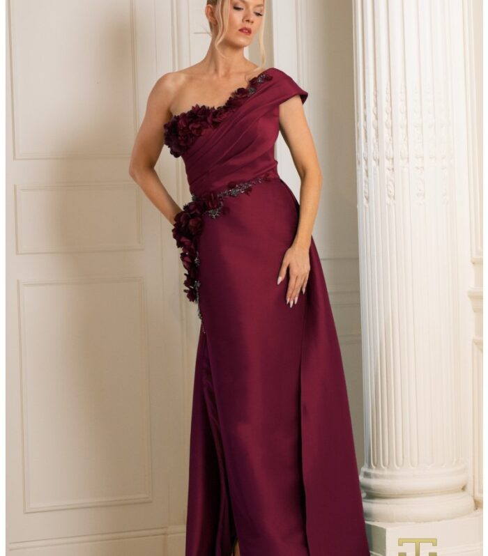 Metallic Ruched One-Shoulder Gown With Side Drape