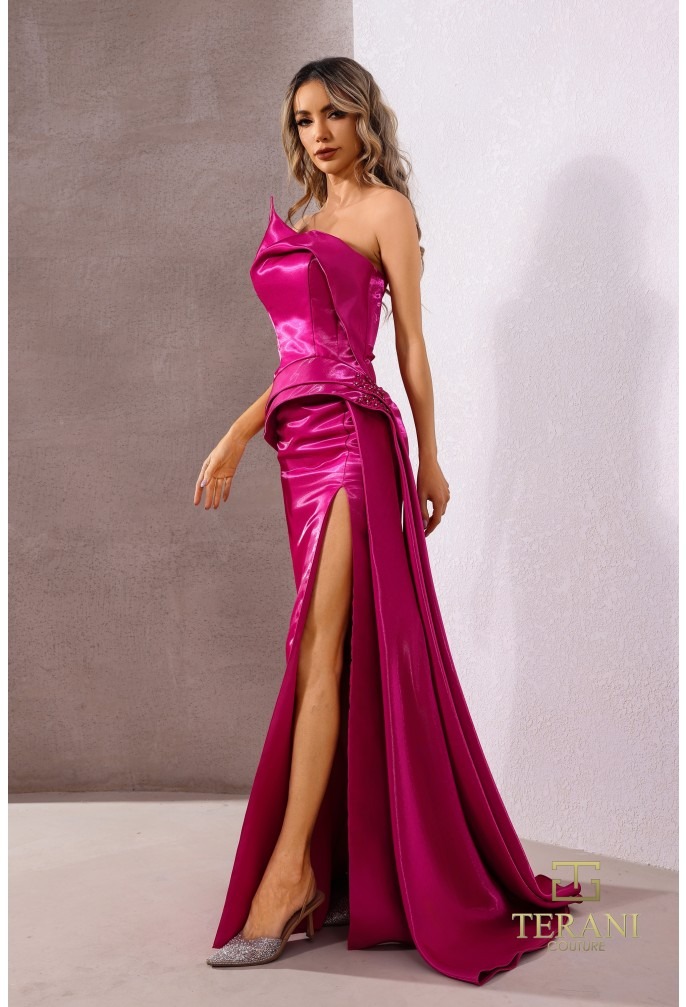 Satin One-Shoulder Gown With Sculpted Side Ruffle - Image 9