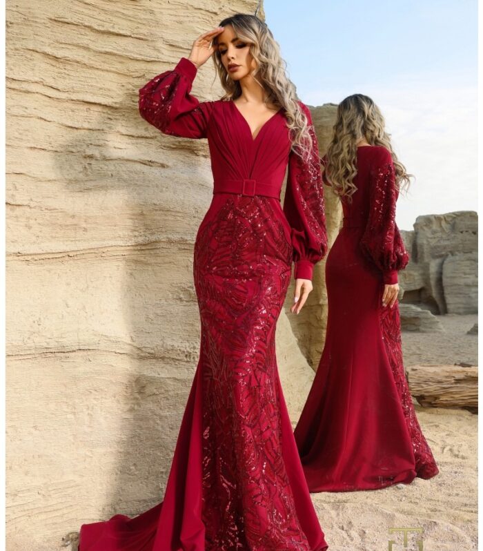 Deep V-Neckline Beaded Gown