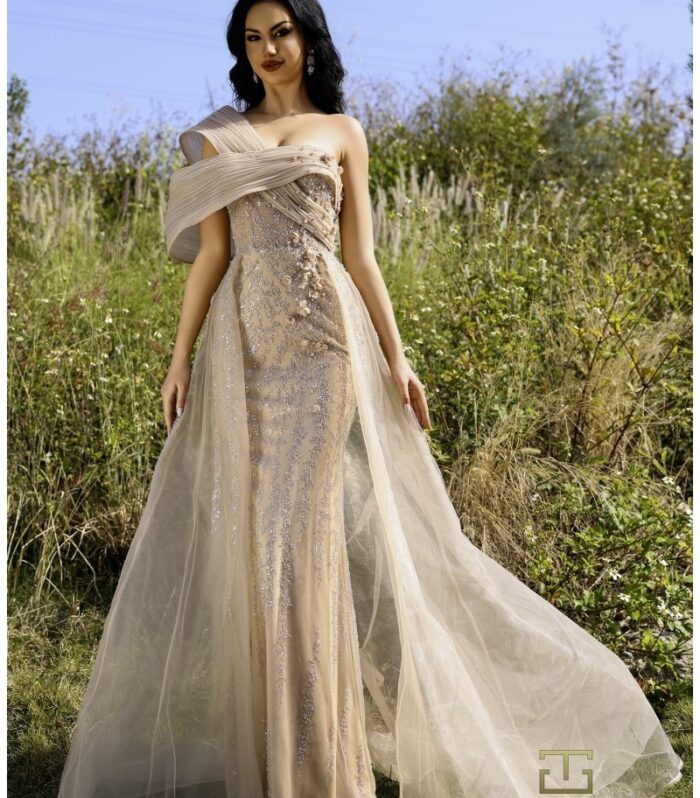 Beaded One-Shoulder Gown With Cascading Ruffle Slit