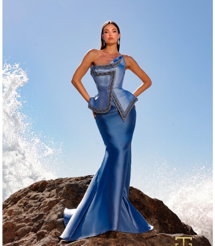 Satin Off-Shoulder Gown With Sculpted Side Ruffle