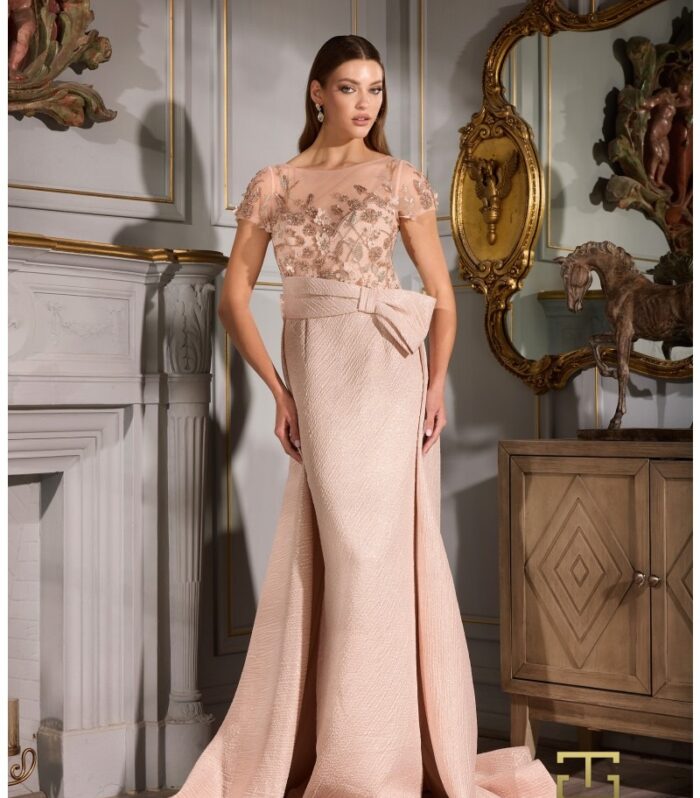 Beaded Cape Sleeve Gown With Sleek Column Silhouette