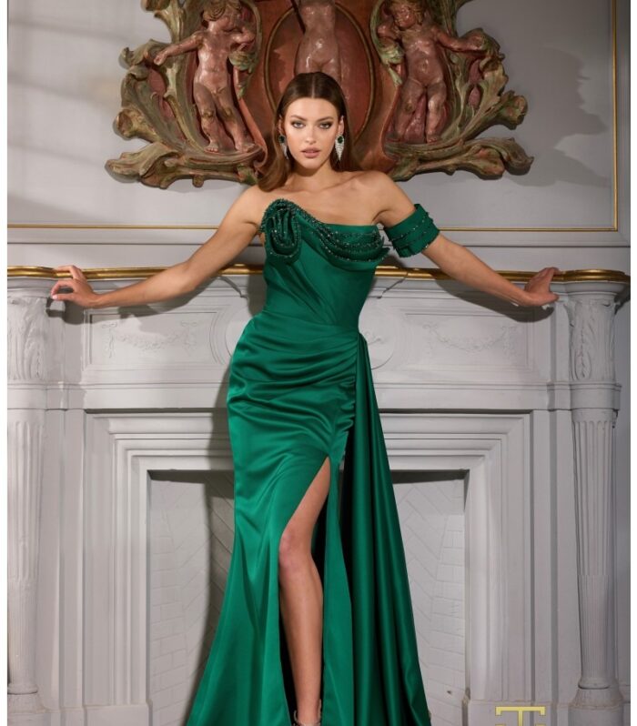 Crystal-Embellished Illusion Gown With Floating Cape Sleeves