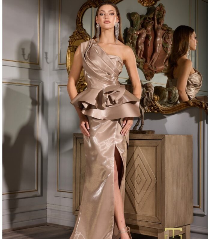 Beaded Illusion High-Slit Evening Gown