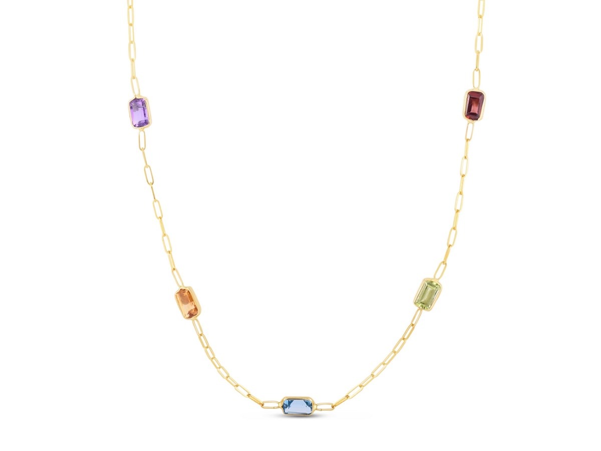 Adjustable 14K Gold Multi colored Gemstone Necklace