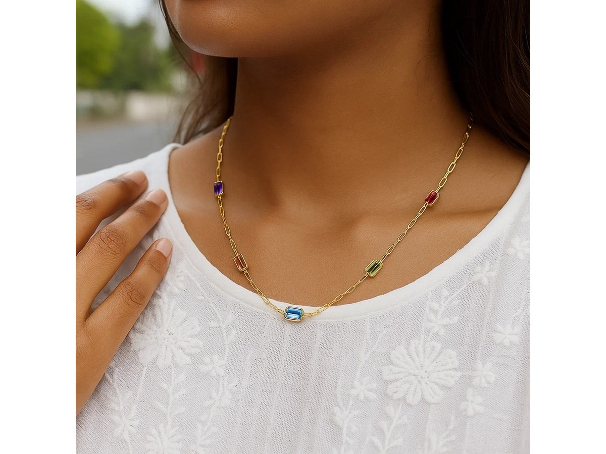 Adjustable 14K Gold Multi colored Gemstone Necklace - Image 5