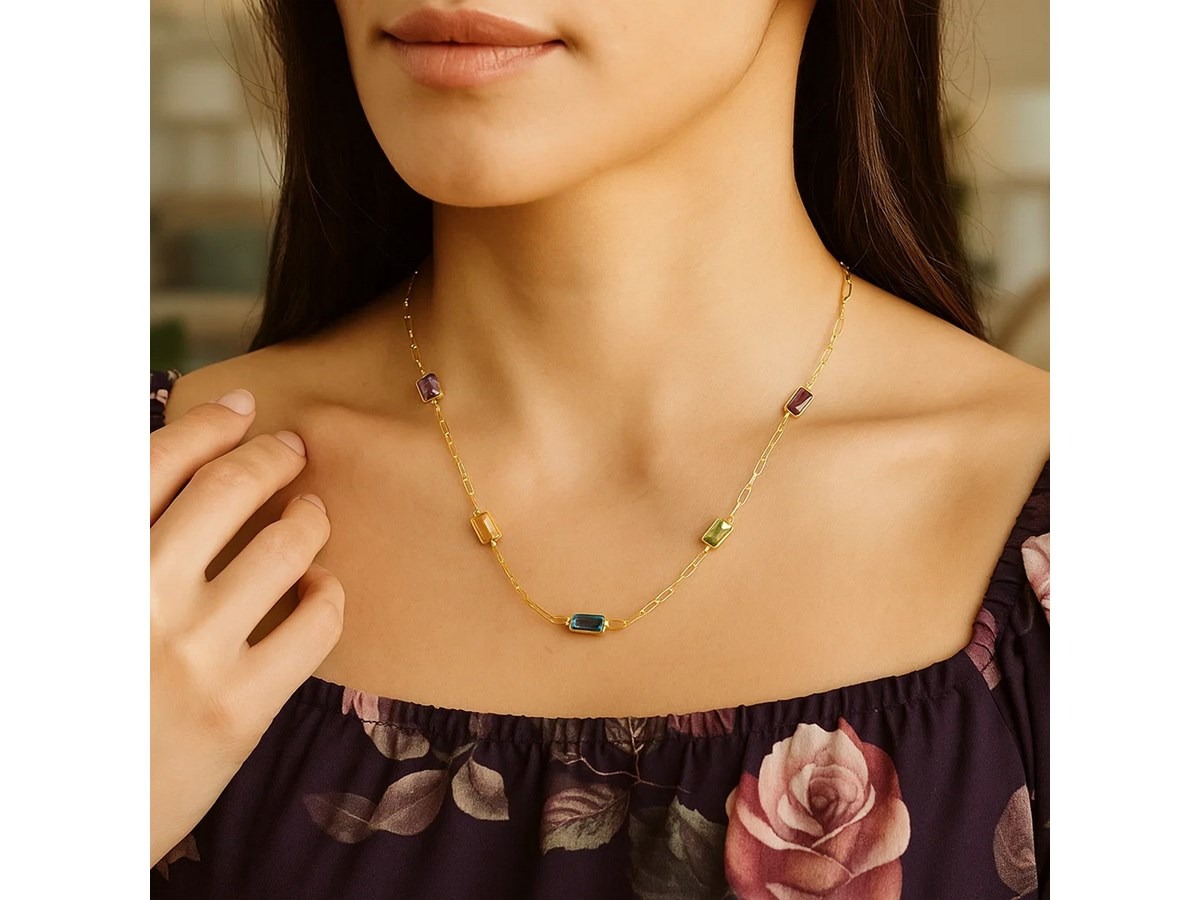 Adjustable 14K Gold Multi colored Gemstone Necklace - Image 2