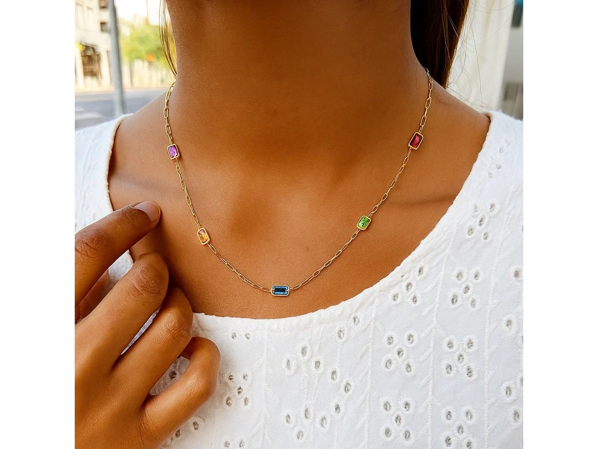 Adjustable 14K Gold Multi colored Gemstone Necklace - Image 6