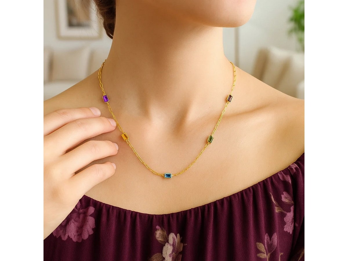 Adjustable 14K Gold Multi colored Gemstone Necklace - Image 7