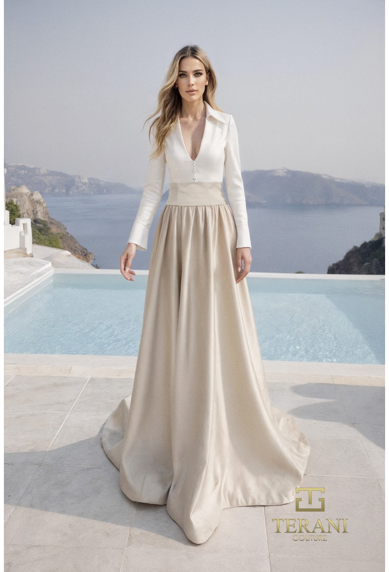 Terani Couture 261E6204 Matte Taffeta A-Line Gown – Collared V-Neck Evening Dress - Image 5