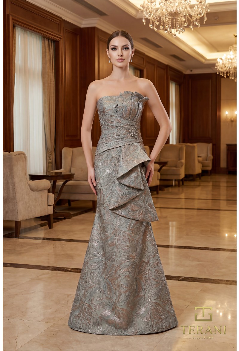 Terani Couture 261E6269 Jacquard Mermaid Gown – Asymmetric Peplum Evening Dress - Image 7