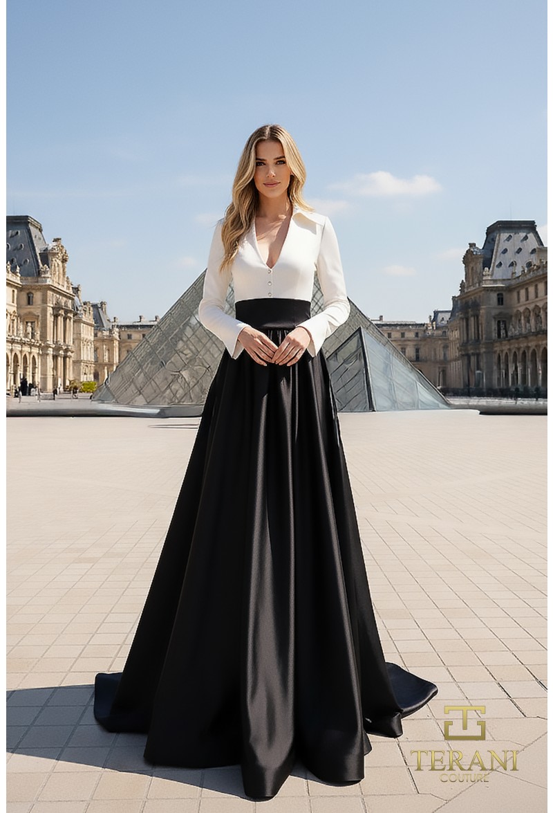 Terani Couture 261E6204 Matte Taffeta A-Line Gown – Collared V-Neck Evening Dress