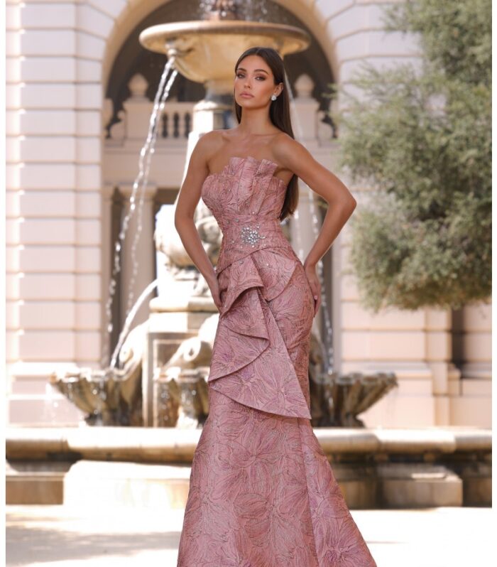 Terani Couture 261E6269 Jacquard Mermaid Gown – Asymmetric Peplum Evening Dress